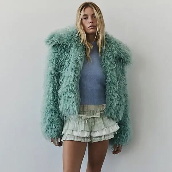 Free People Moonlight Faux Fur Jacket in Granite Green - Picture 3 of 15